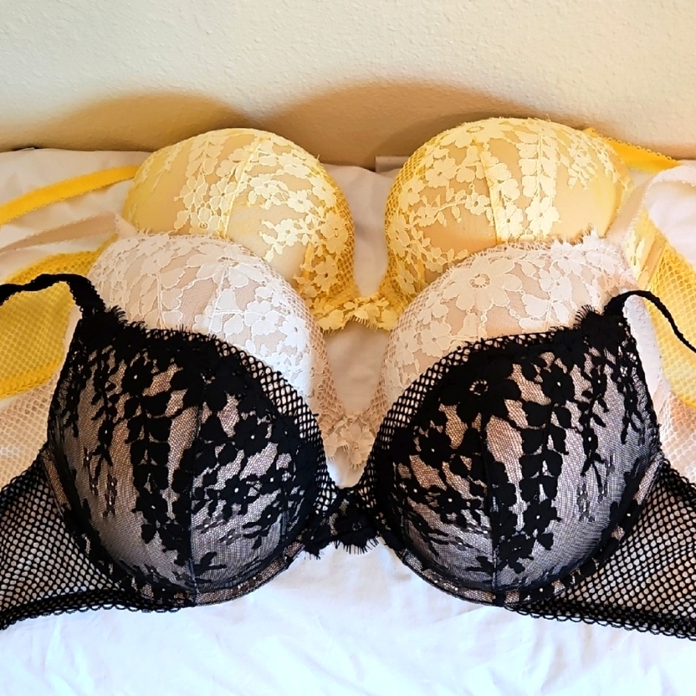 VS 38D Lace Bra Trio - Black, White, Yellow